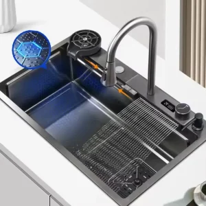 New Design Nano Black Elegant Stainless Steel Waterfall Kitchen Sink Cup Washer Kitchen Handmade Sink