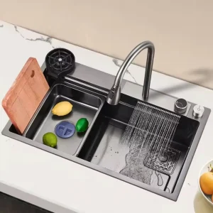 New Design Nano Black Elegant Stainless Steel Waterfall Kitchen Sink Cup Washer Kitchen Handmade Sink