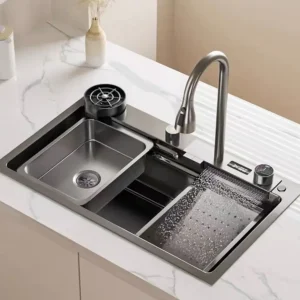 304 Stainless Steel Farmhouse Luxury Kitchen Sinks Modern Waterfall Black Single Bowl Kitchen Sink Workstation