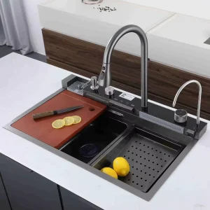 Nano Black Multifunctional Rainfall Faucet Single Bowl Kitchen Sink Waterfall Stainless Steel Handmade Kitchen Sink