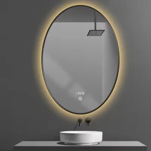 Oval LEDBathroom MirrorBlack Frame With Time Display