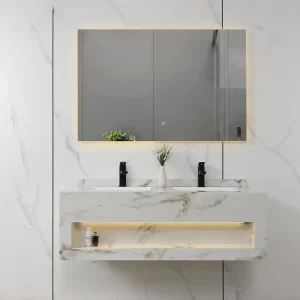 Double Sink Floating Sintered Stone Bathroom Vanity 47”