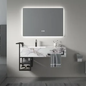 800mm Floating Sintered StoneVanityUnit with Black Towel Rail and Shelves